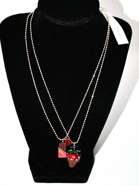 Betsey Johnson Love Spell Chocolate Strawberry Short Pendant Necklace Set #56009